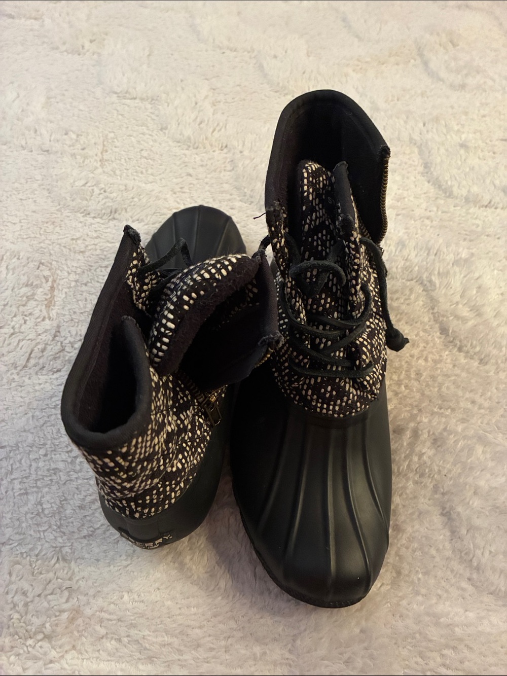 Sperry Women's Black Duck Boots with Speckled Knit Collar